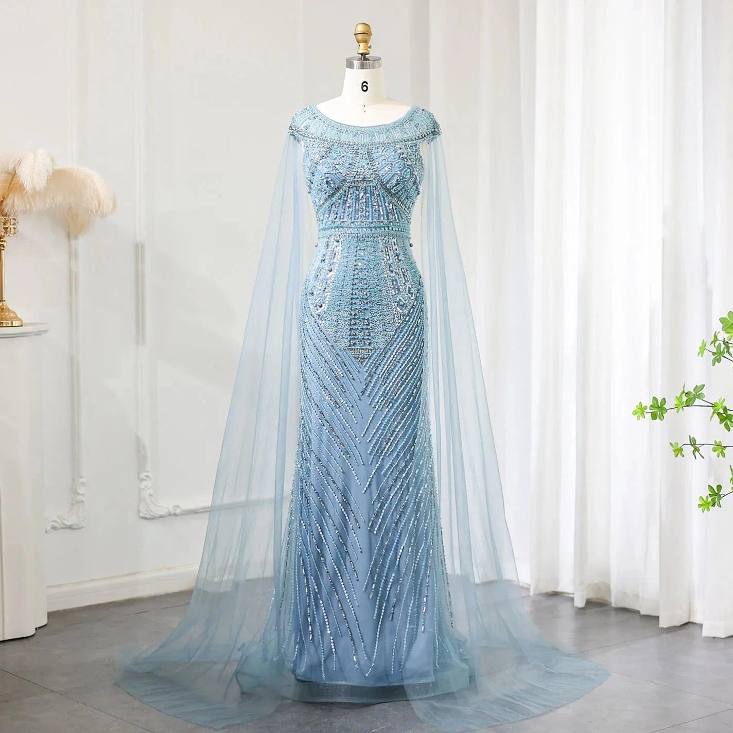4 / 1 Luxury Beaded Blue Mermaid Dubai Evening Dresses with Cape Sleeves 2024 Plus Size Women Wedding Party Gown SZ195