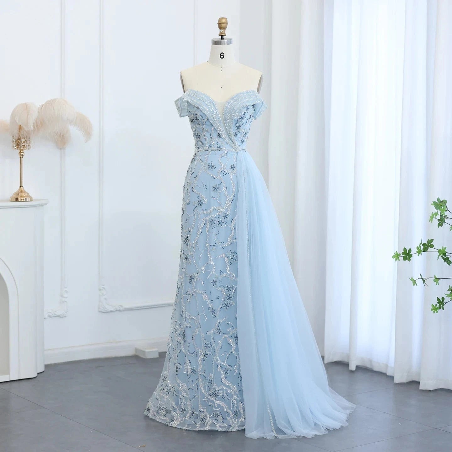 4 / 2 Elegant Off Shoulder Mermaid Lilac Evening Dress with Overskirt 2024 Plus Size Women Blue Wedding Party Gown SZ055
