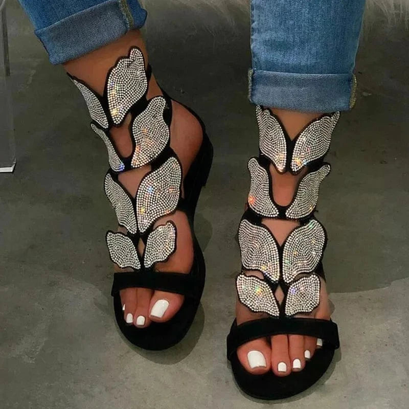 4.5 / Black BUSY GIRL AL8084 Ladies sandals new design strap diamond black silver gold flat summer sandals women