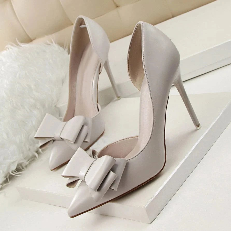 4.5 / Grey BUSY GIRL DS3004 Women Pumps Bow Knot High Stiletto Heel Pumps Pointed Toe Side Hollow Sexy Shoes