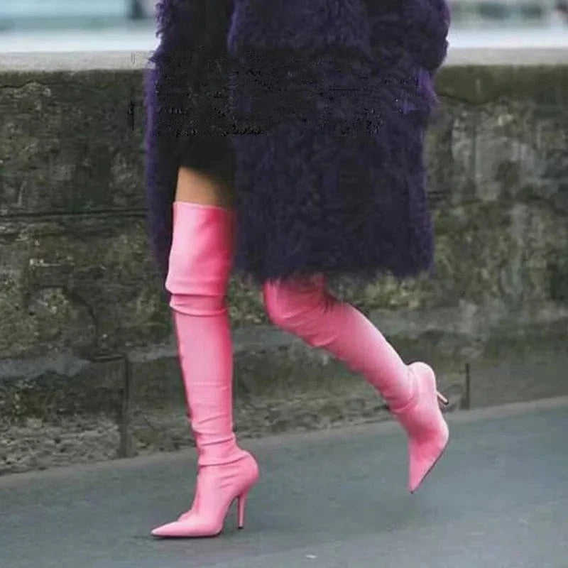 4.5 / Pink BUSY GIRL CHT2215 women boots fashion high heel pointed toe nightclub runway show legging stretch over the knee thigh high boots