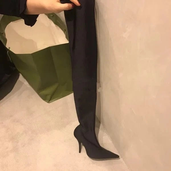 4 / Black BUSY GIRL CHT2215 women boots fashion high heel pointed toe nightclub runway show legging stretch over the knee thigh high boots