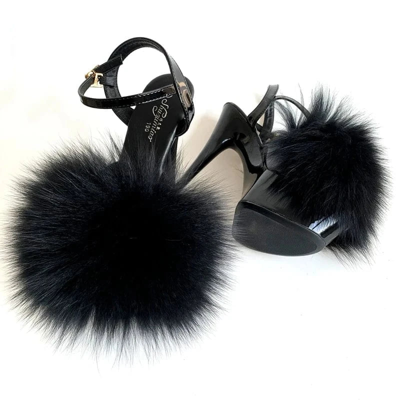 4 / Black fox fur Sexy 15cm Super High Heel Pur Sandals Women Platform Shoes Fluffy Real Fur Thin High Heel Pumps Girls Party Wedding Pole Shoes