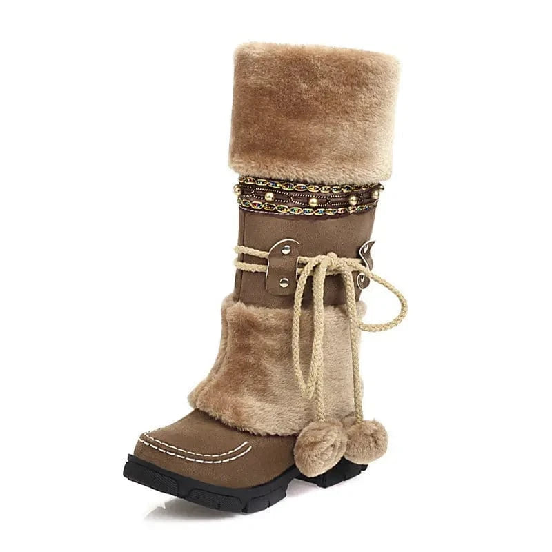 4 / Brown BUSY GIRL XYF42 fur knee high boots women shoes lace up plush flats low heels ladies 90s botas de mujer winter boots for women