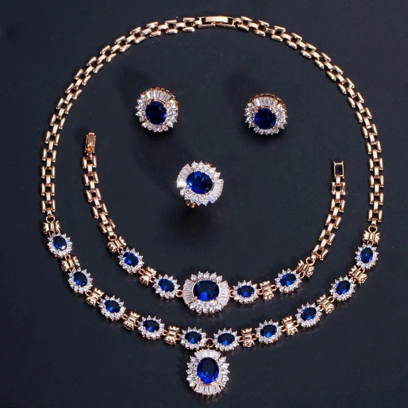 4 Piece Luxury Nigerian Yellow Gold Designs Indian Wedding Red Cubic Zirconia Bridal Jewelry Sets For Women Party Accessories