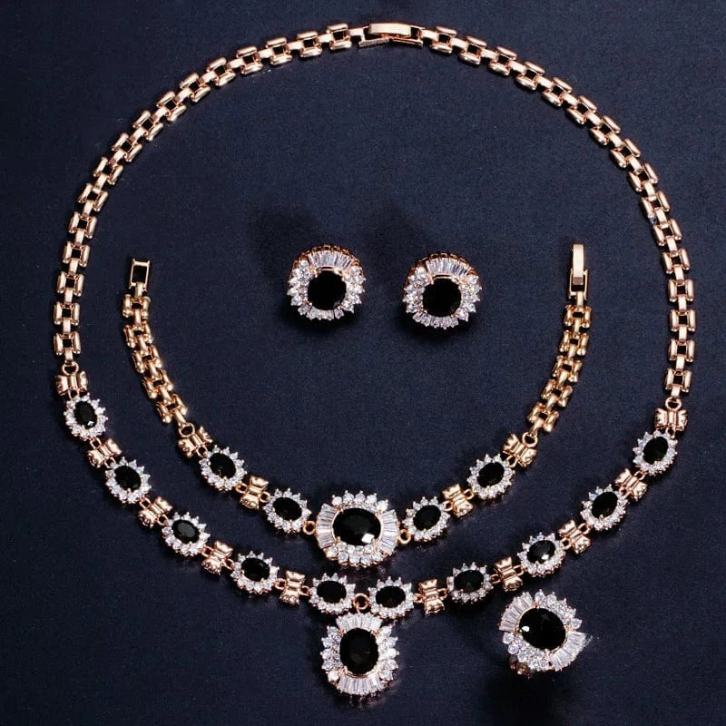 4 Piece Luxury Nigerian Yellow Gold Designs Indian Wedding Red Cubic Zirconia Bridal Jewelry Sets For Women Party Accessories