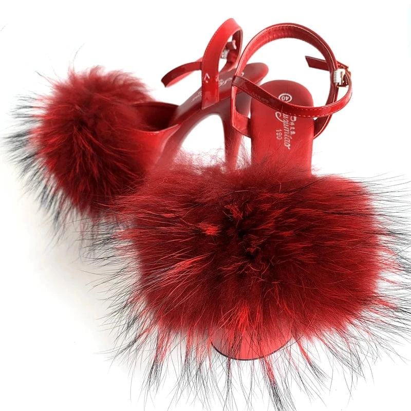 4 / Red raccoon fur Sexy 15cm Super High Heel Pur Sandals Women Platform Shoes Fluffy Real Fur Thin High Heel Pumps Girls Party Wedding Pole Shoes