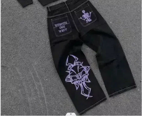 4 / S Gothic Womens Jeans Y2K Clothes Harajuku Hip Hop Pocket Embroidery Vintage Blue Baggy Jeans High Waist Slim Flared Trousers