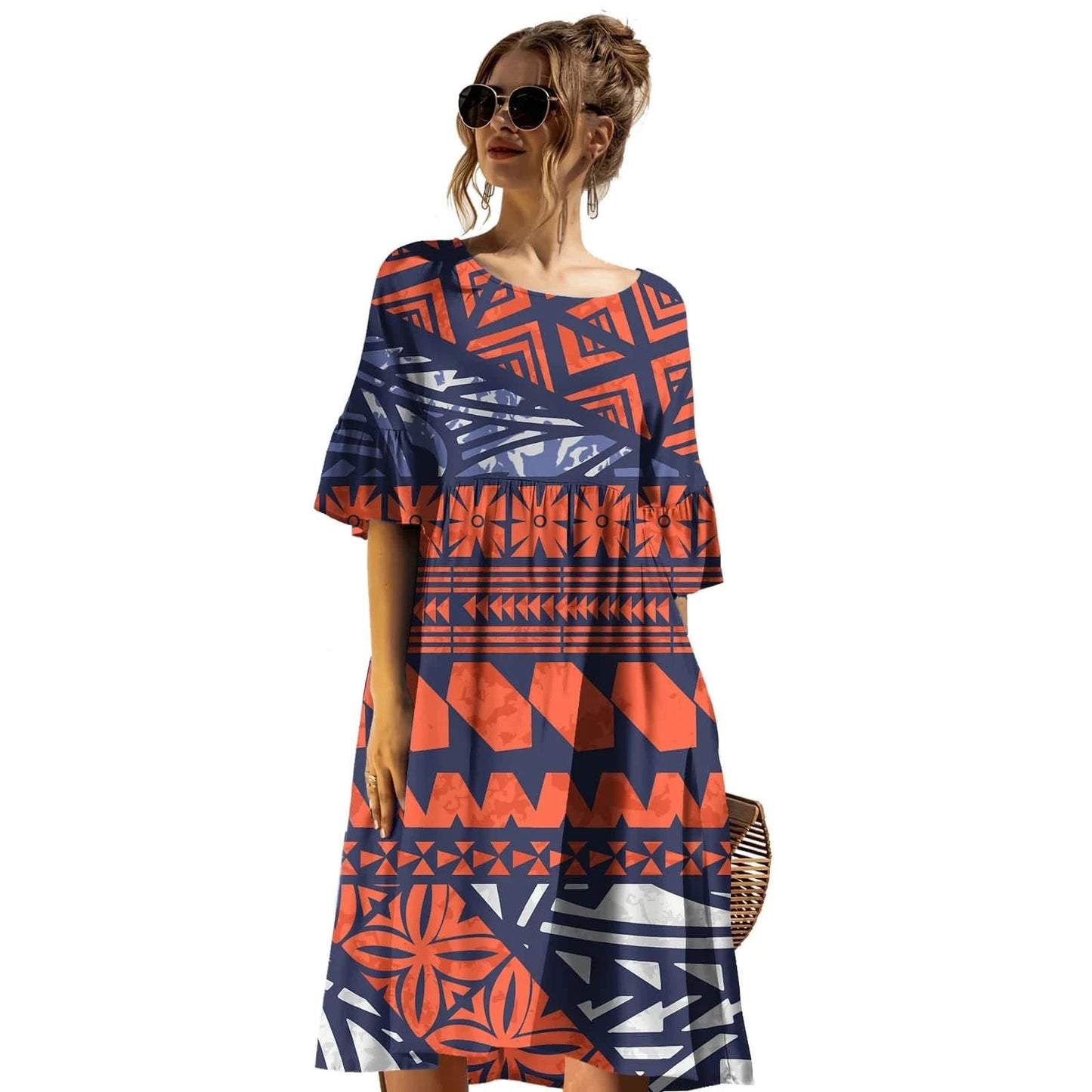 4 XL / 0169L-3WDSYL52 Latest Trendy Plus Size Prom Dress Casual Tribal Design Samoan Tapa Printed Short Sleeve Mid-length Dress Puletasi