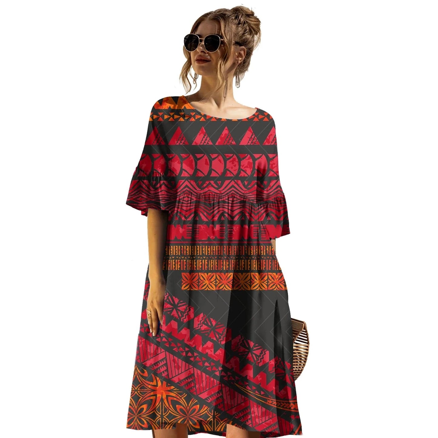 4 XL / 0170L-3WDSYL52 Latest Trendy Plus Size Prom Dress Casual Tribal Design Samoan Tapa Printed Short Sleeve Mid-length Dress Puletasi