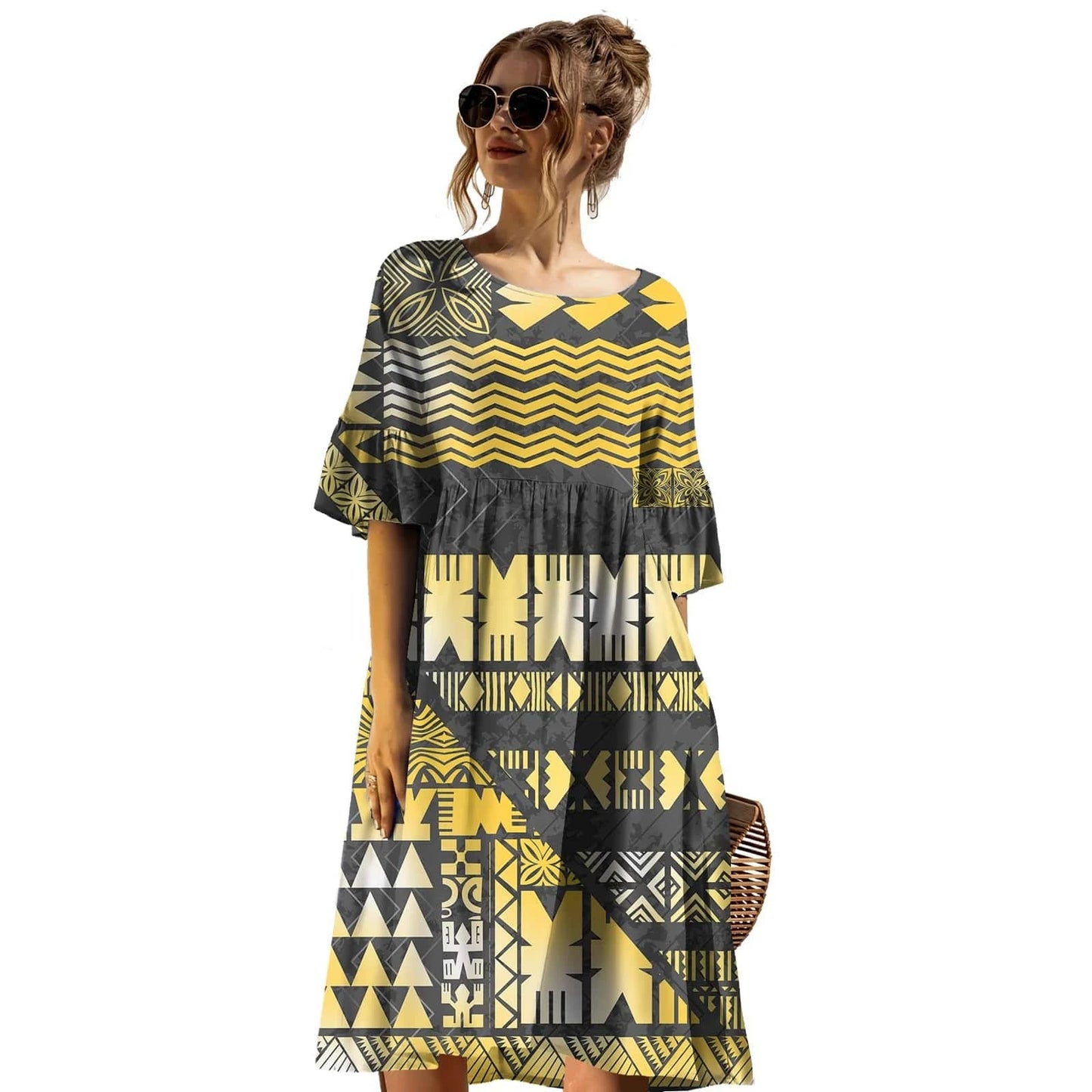 4 XL / 0181L-3WDSYL52 Latest Trendy Plus Size Prom Dress Casual Tribal Design Samoan Tapa Printed Short Sleeve Mid-length Dress Puletasi