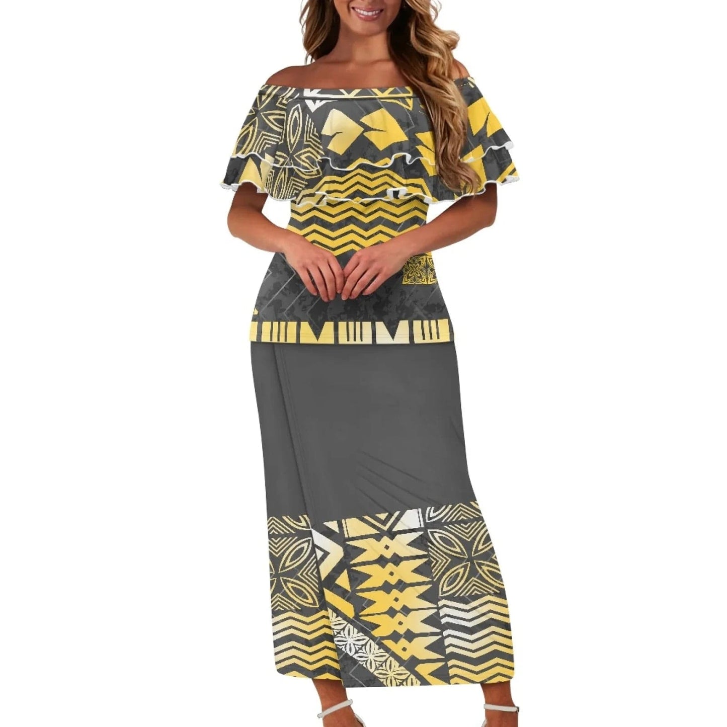 4 XL / 0181LAZ11-3 New Arrivals Ruffles Sexy Off Shoulder Women'S Custom Dresses Plus Size Samoan Puletasi Top And Skirt Two Pieces Set For Women