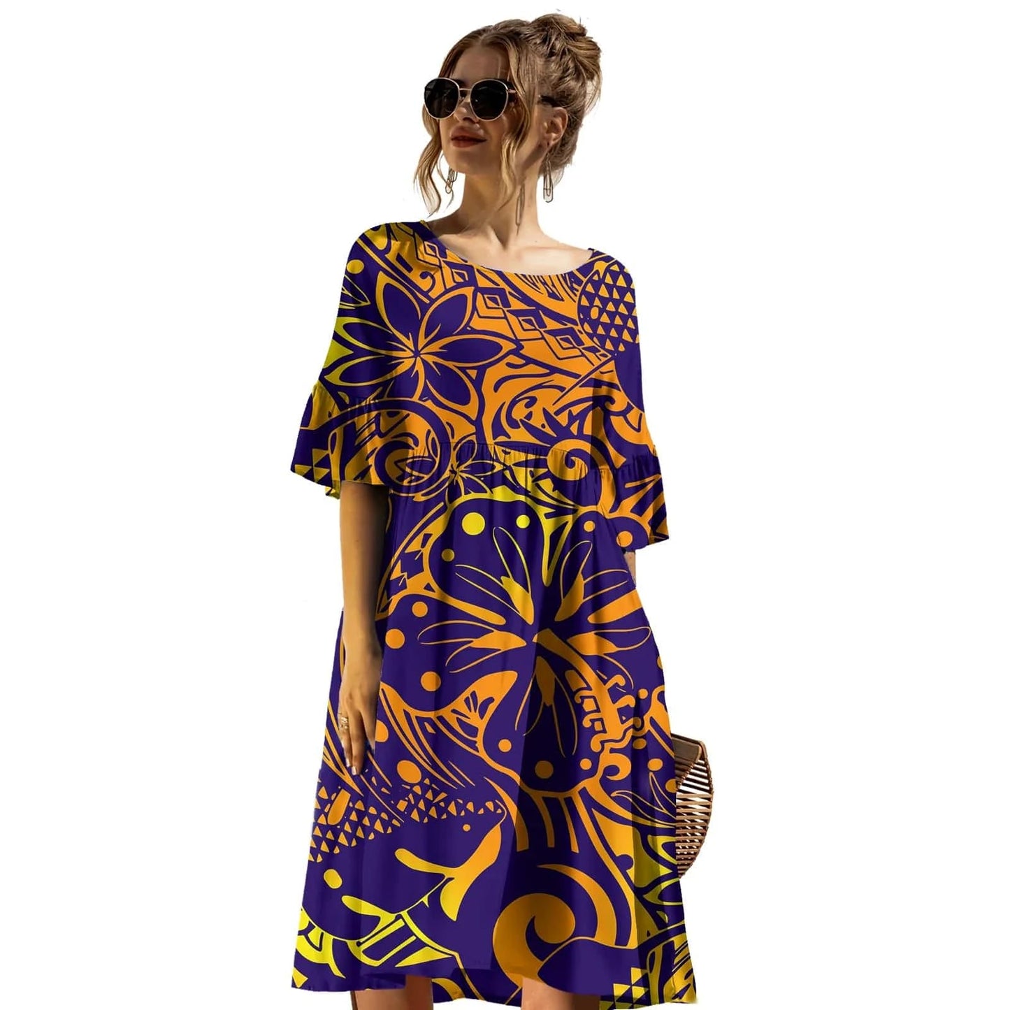 4 XL / 0328L-3WDSYL52 Latest Trendy Plus Size Prom Dress Casual Tribal Design Samoan Tapa Printed Short Sleeve Mid-length Dress Puletasi