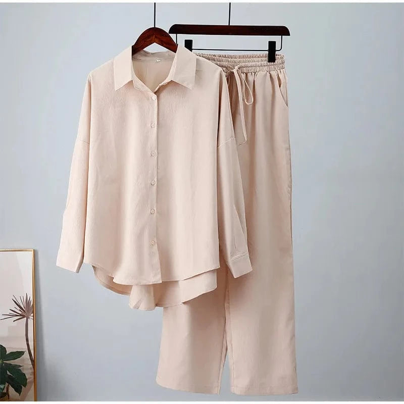4 XL / Champagne plus size women clothing ladies loose stretch crease long sleeve shirt wide leg pants casual two piece women's shirts sets