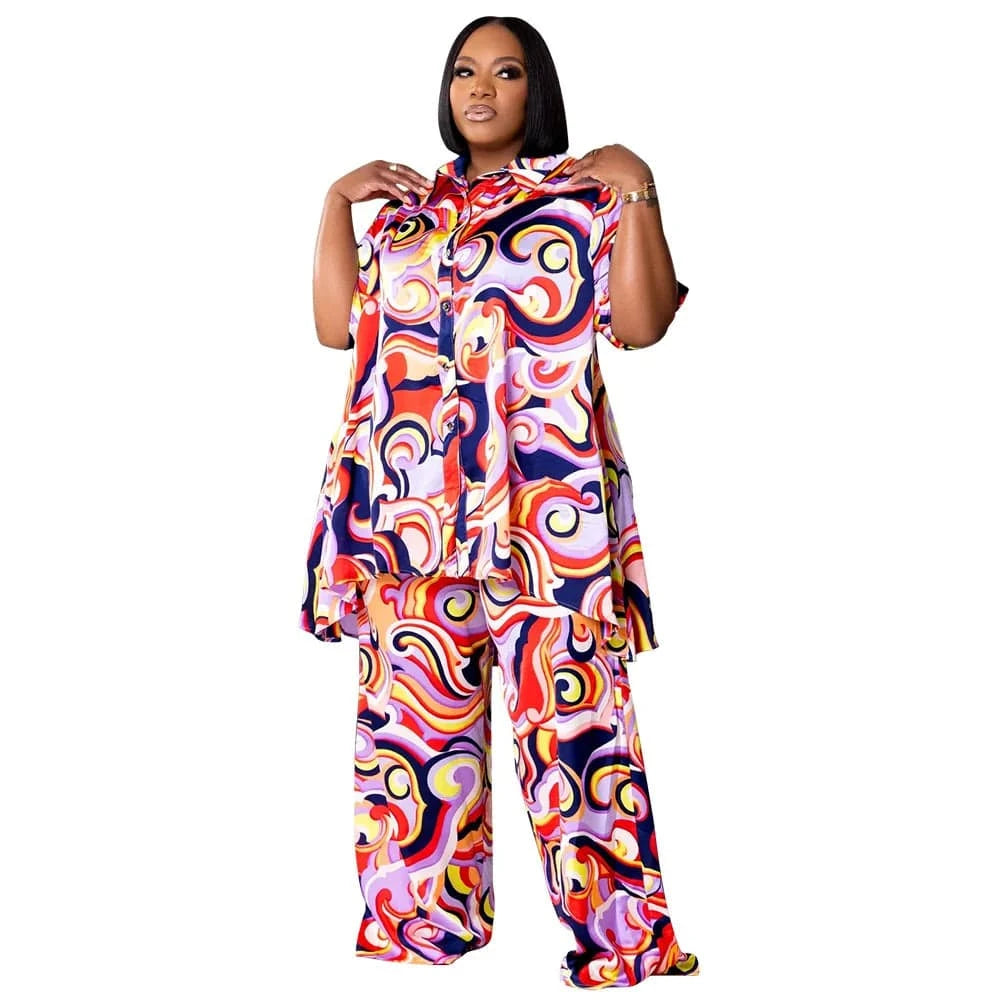 4 XL / CORAL RED spring 2024 womens clothing plus size women's clothing short sleeve graphic print shirt set woman pants and shirt