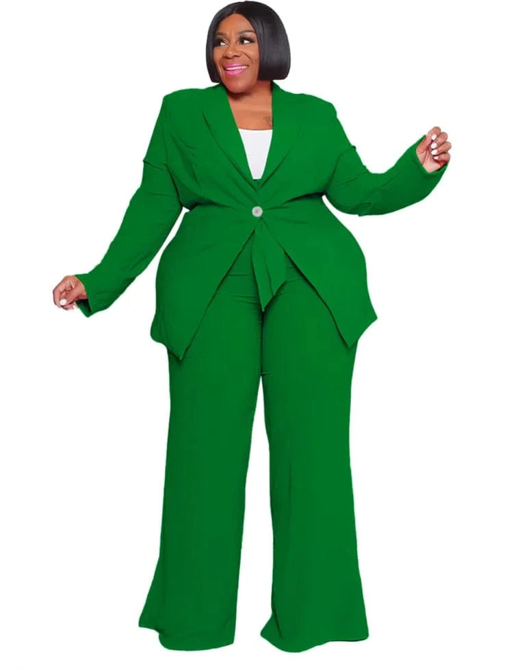 4 XL / Green Liu Ming Woman Fashion Clothing Two Pieces Plus Size Elegant Outfit Blazers Top and Pants Set