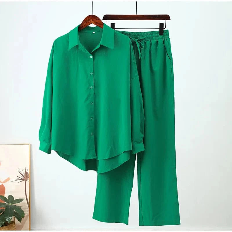 4 XL / Green plus size women clothing ladies loose stretch crease long sleeve shirt wide leg pants casual two piece women's shirts sets