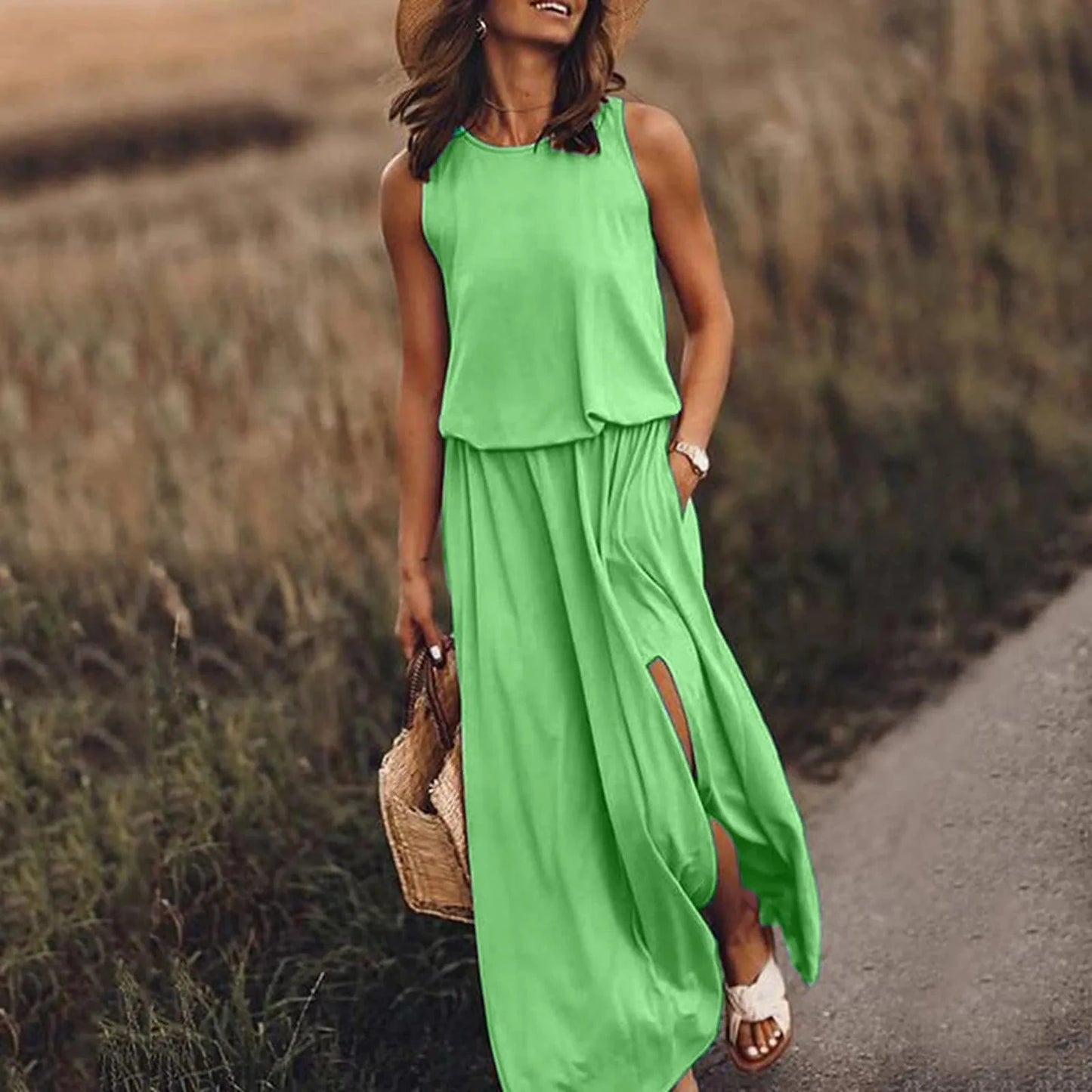4 XL / Light green Women's Sleeveless Dress Round Neck Split Solid Color Leisure Long Dress Summer Loose Plus Size Casual Ladies Maxi Dress