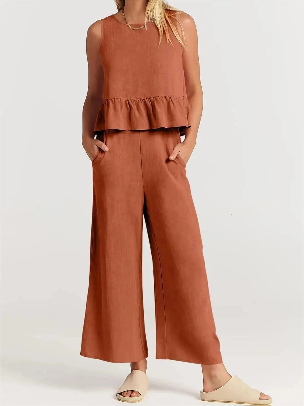 4 XL / Orange New fashion women's summer sleeveless pleated bottoming shirt wide-legged pants casual suit top + pants two-piece casual suit
