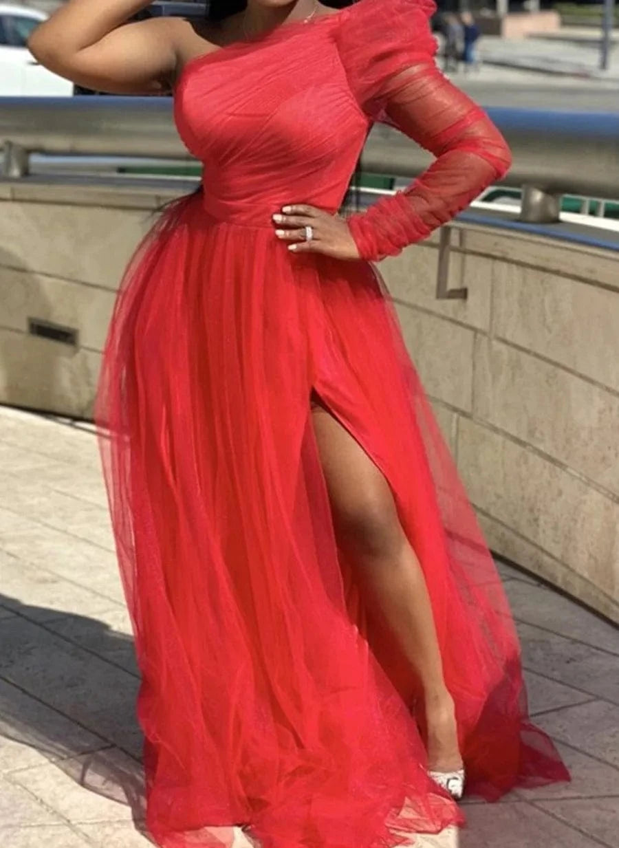 4 XL / Red BH650 PLUS SIZE SINGLE SLEEVE ELEGANT PARTY WEDDING GUESTS BRIDESMAID TULLE MAXI DRESS