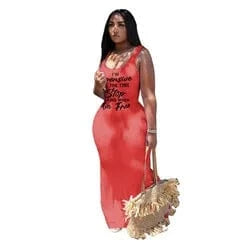 4 XL / Red J&H fashion chic scoop neck tank top sleeveless statement shirt full length sexy bodycon women autumn dresses summer clothes