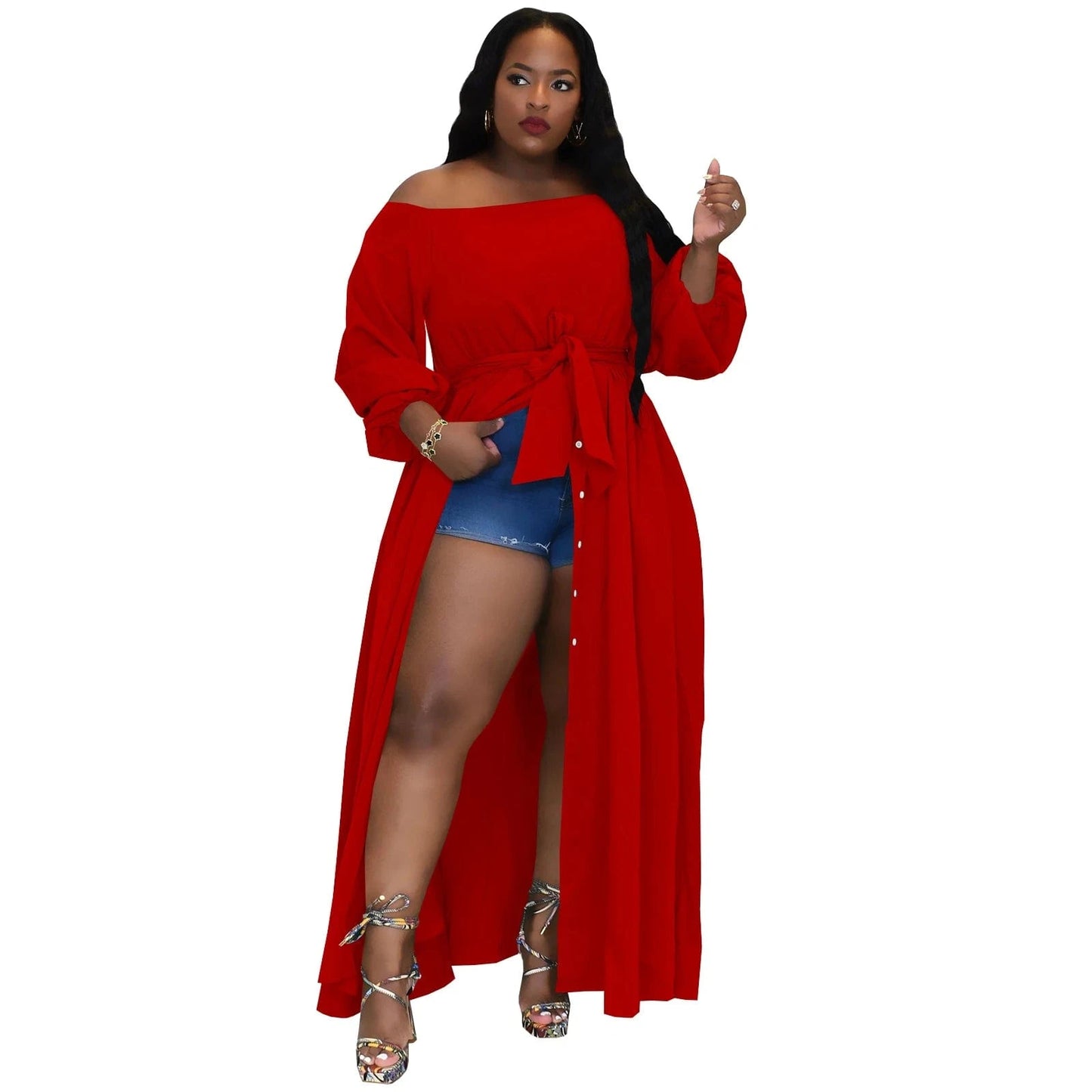4 XL / Red New Fashion Party High Street Woman Plus Size Women's Clothing Off Shoulder Split Maxi Dress with Belt
