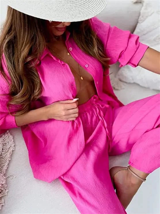 4 XL / Rose Madder plus size women clothing ladies loose stretch crease long sleeve shirt wide leg pants casual two piece women's shirts sets