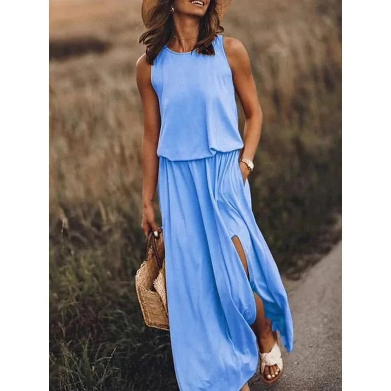 4 XL / sky blue Women's Sleeveless Dress Round Neck Split Solid Color Leisure Long Dress Summer Loose Plus Size Casual Ladies Maxi Dress