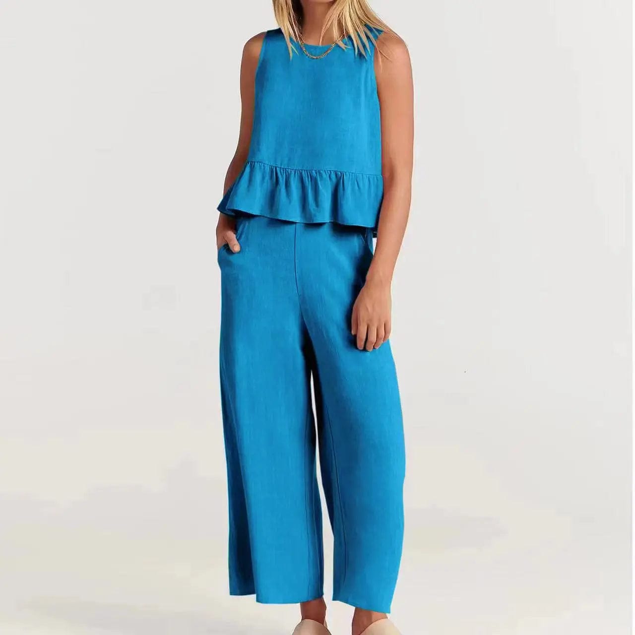4 XL / Turquoise New fashion women's summer sleeveless pleated bottoming shirt wide-legged pants casual suit top + pants two-piece casual suit