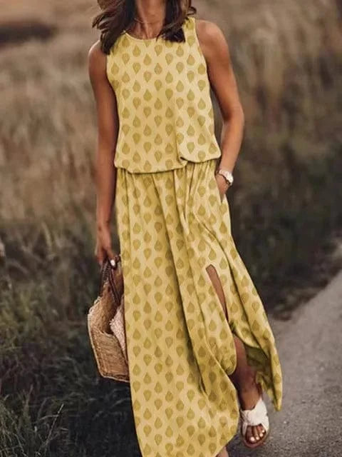 4 XL / Water Drop Yellow Women's Sleeveless Dress Round Neck Split Solid Color Leisure Long Dress Summer Loose Plus Size Casual Ladies Maxi Dress