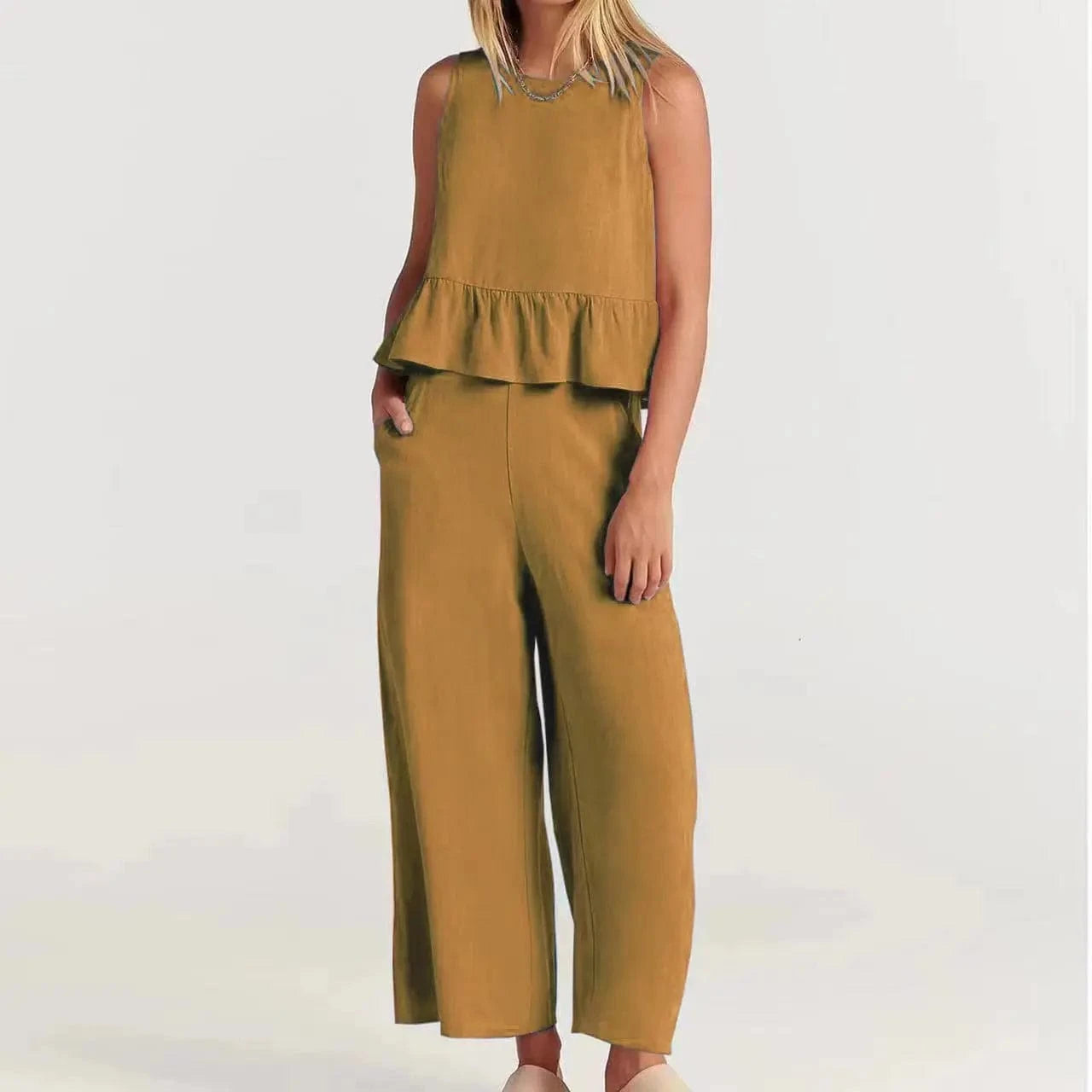 4 XL / Yellow New fashion women's summer sleeveless pleated bottoming shirt wide-legged pants casual suit top + pants two-piece casual suit