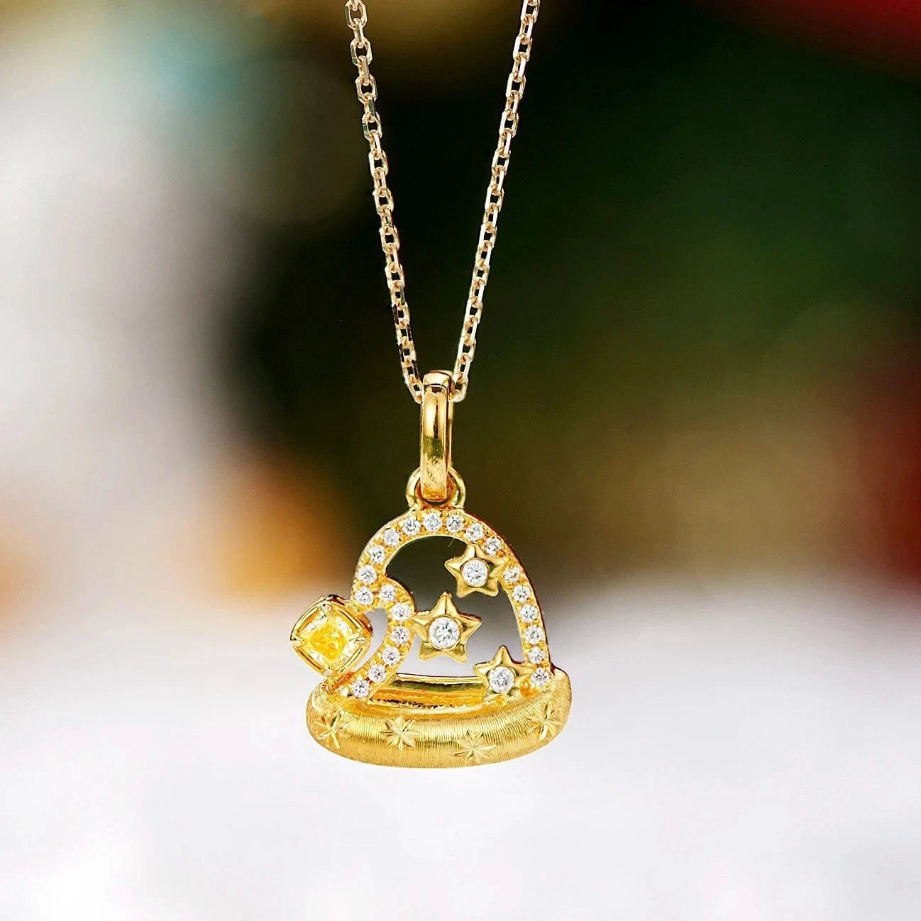 40-45cm / 18k gold New Design Solid 18k Gold Necklace Real Yellow Diamond Necklace Christmas Santa Hat Necklace Custom Jewelry for Christmas Gift