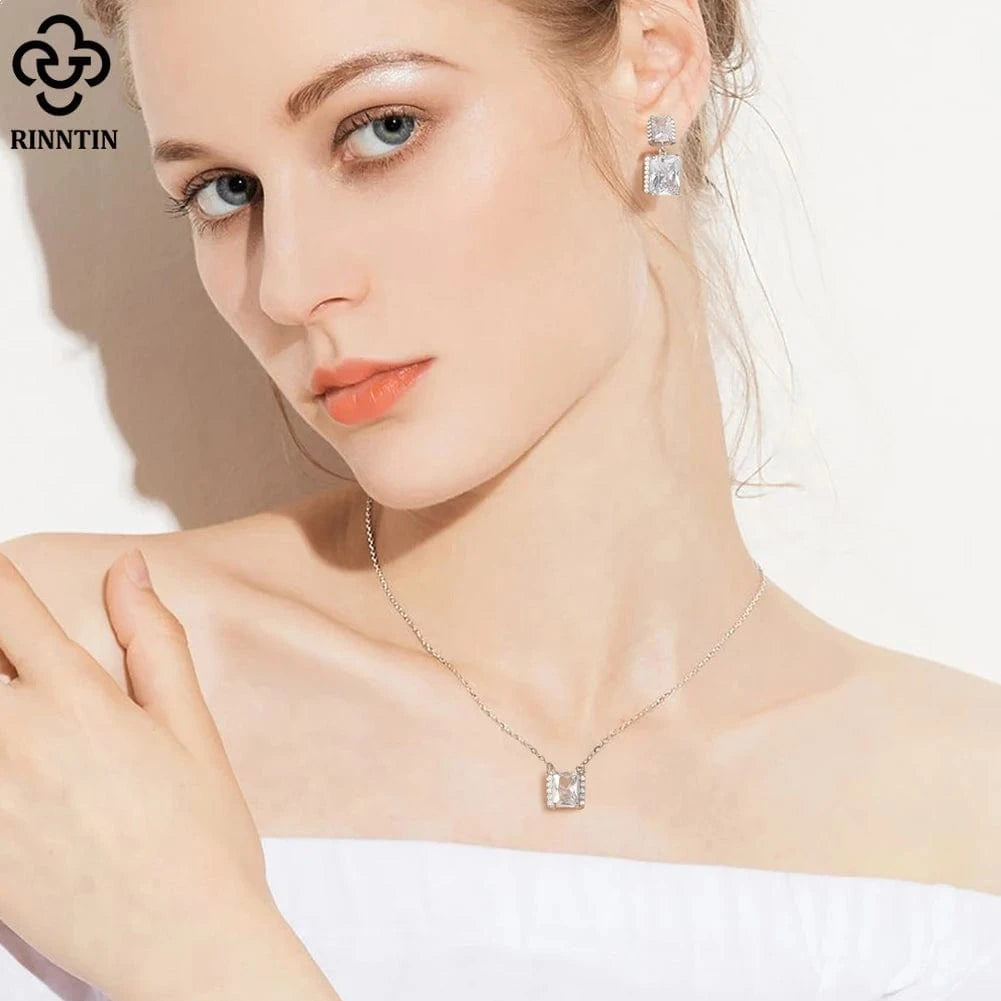 40+5cm(16+2inch) / Rhodium Plated RINNTIN SN313 Fine Jewelry Necklaces Top Quality Rhodium Plated Pendants Women 925 Sterling Silver CZ Necklace
