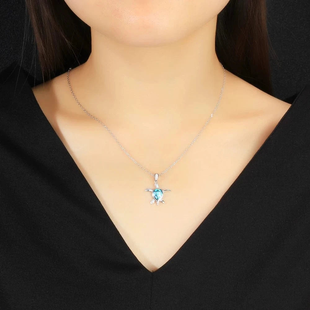 40+5cm / Silver Poya Wholesale Adjustable Mens 925 Sterling Silver Hawaiian Style Blue Opal Sea Turtle Pendant Necklace For Women