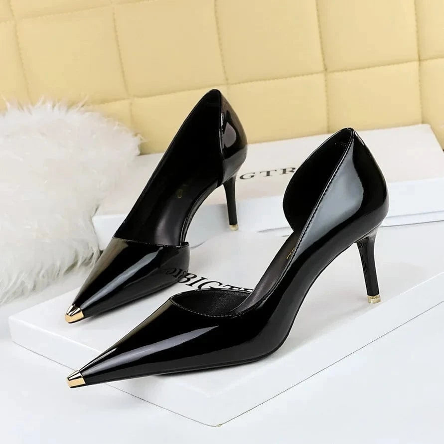 40 / 8829-A5 Black 7cm Sexy Women Pumps Hot Sale Patent Leather Metal Decor Shoes Shallow Side Hollow Out Super High Heel Pumps Ladies Club Party Shoes