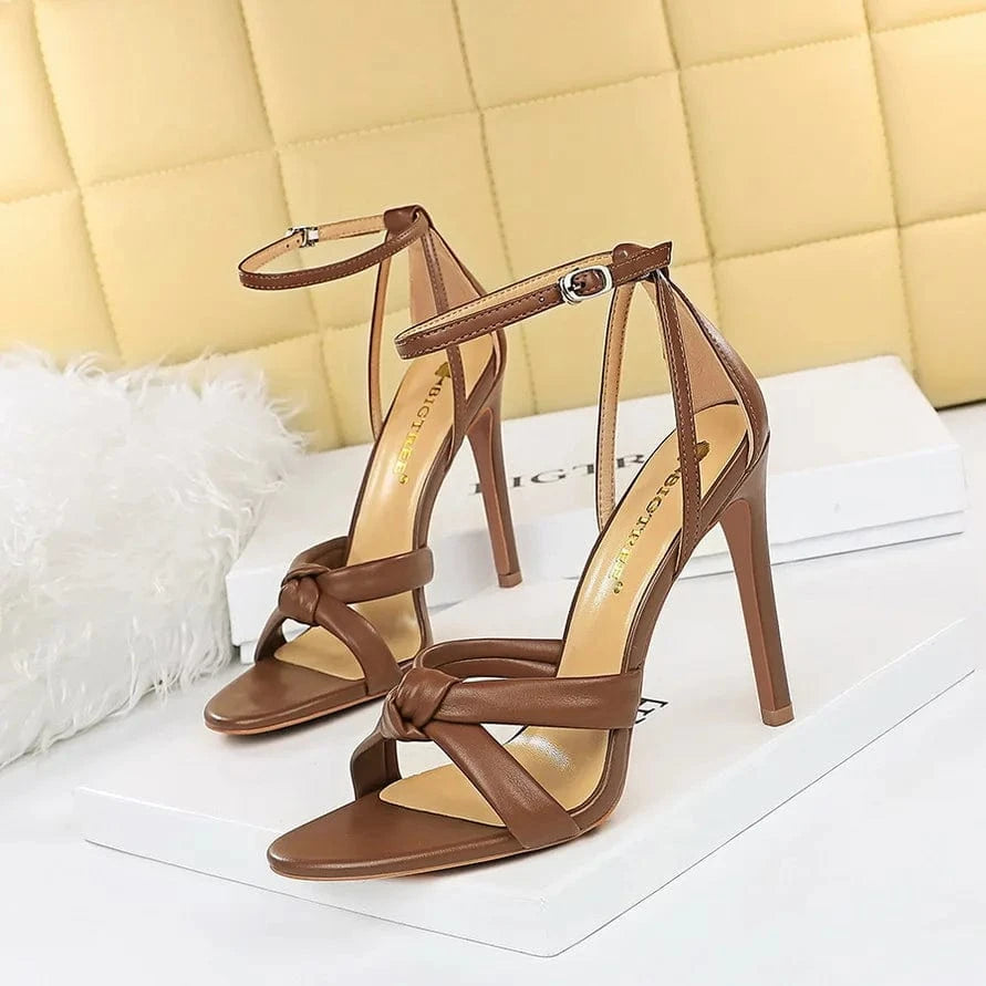 40 / 927-6 Dark Brown11CM Chaussures Femme Summer Retro PU Pointed-toe Shoes Open-toe Cross Strap Thin Heels Sandals For Ladies Outdoor Travelling Sandals