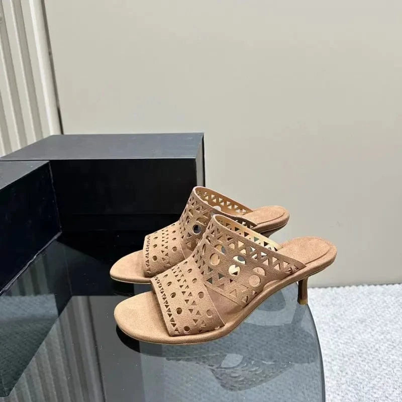 40 / Apricot color Hollow open toe slippers girls office shoes ladies fashion high heels genuine leather luxury women's sandals