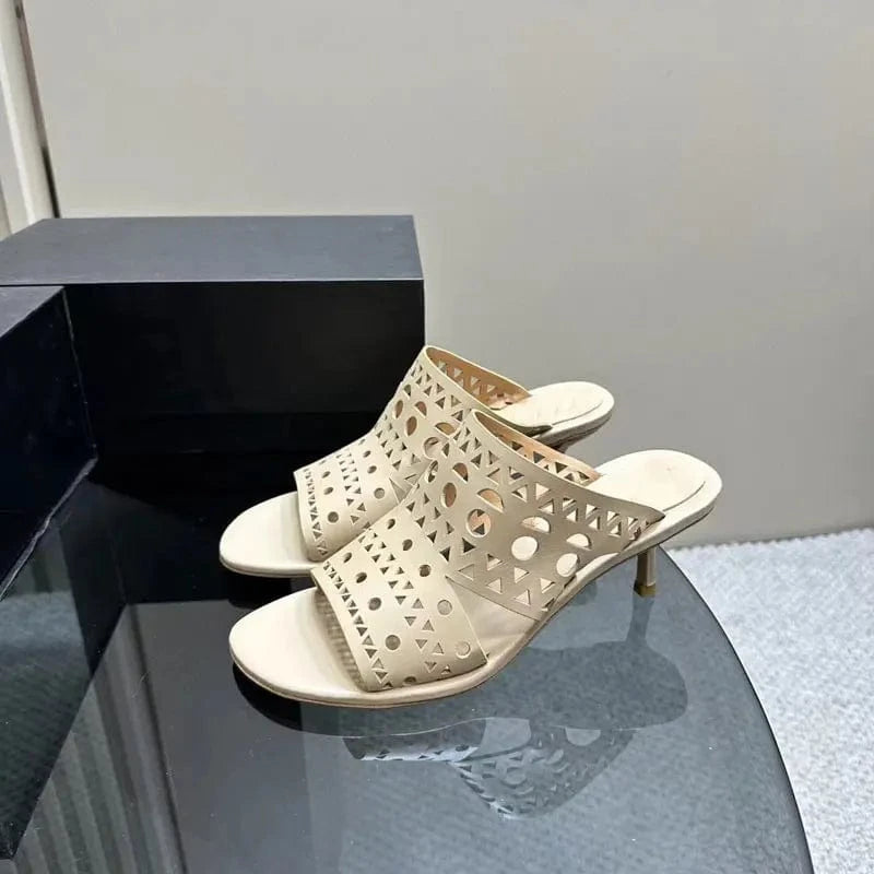 40 / Beige Hollow open toe slippers girls office shoes ladies fashion high heels genuine leather luxury women's sandals