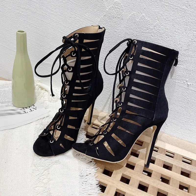 40 / Black Aneikeh Women Summer Open Toe Cross Strap Sandals Boots Party 2024 Fashion Butterfly-Knot Sexy Flock Thin High Heel Ankle Boots