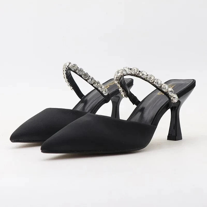 40 / Black Chaussures Femme Breathable Silk Satin Rhinestone Decor Shoes Pointed-toe Large Size High Heel Sandals For Ladies Outdoor Sandal