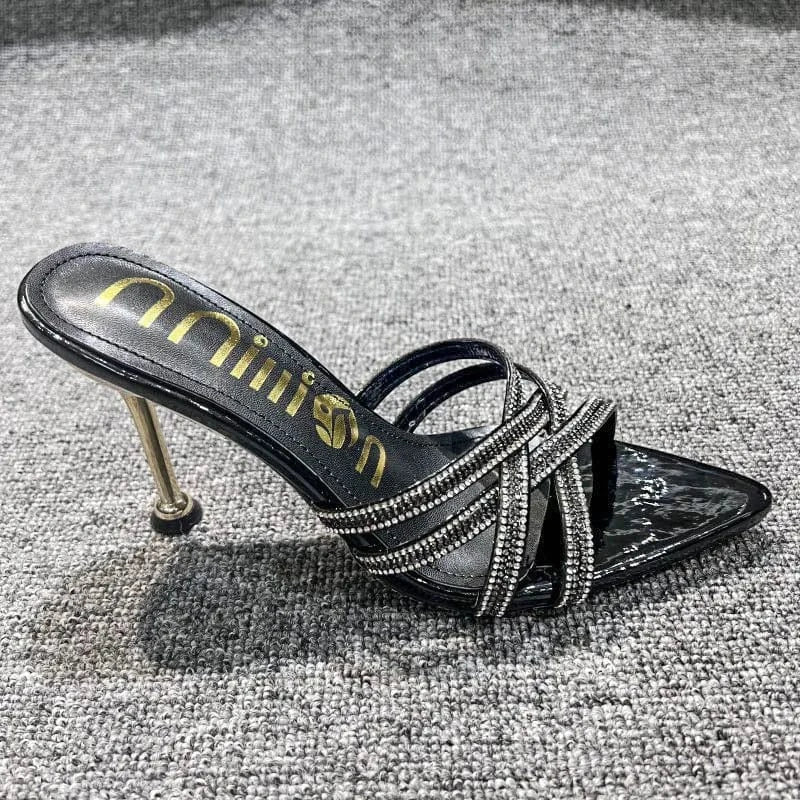 40 / Black Dropshipping Custom Logo Sexy Rhinestone Stiletto Heeled Sandals Women Shoes Pointed Toe High Heels Slippers for Ladies