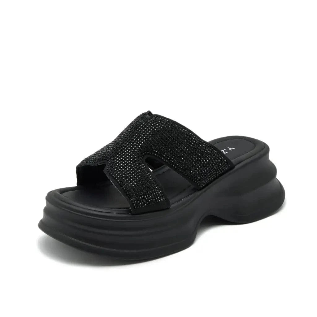 40 / Black Dropshipping Custom Logo Summer New Rhinestone Slippers Breathable Comfortable Ladies Wedges Sandals