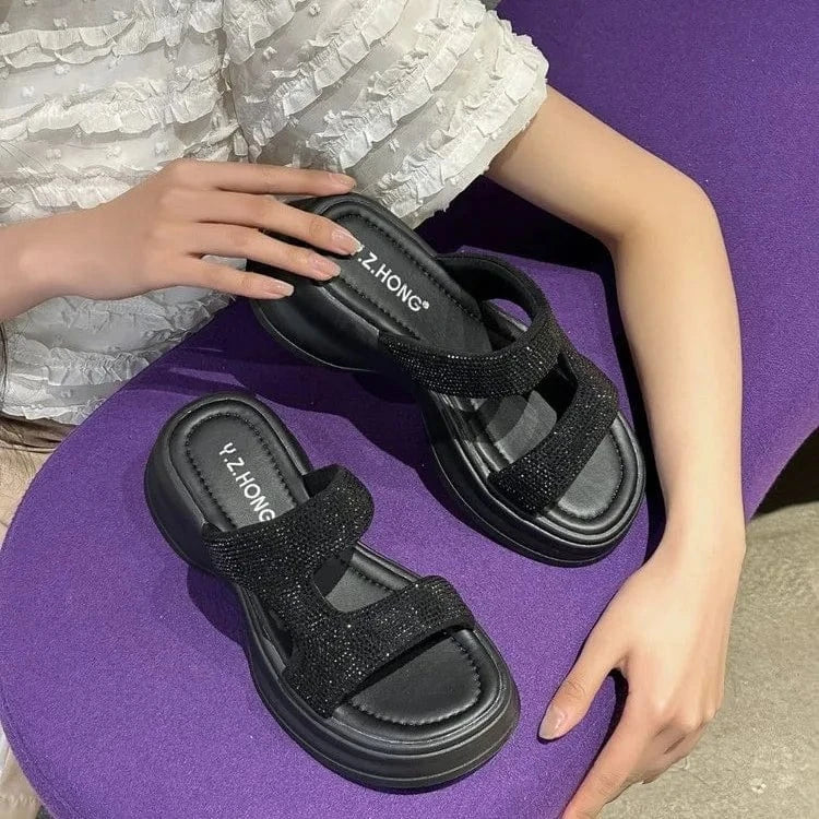 40 / Black Dropshipping Custom Logo White Rhinestone Chunky Sandals Women Comfortable Ladies Wedges Slides Slippers