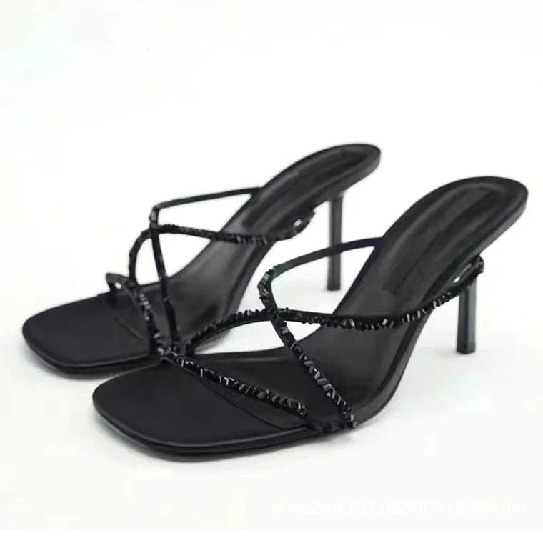 40 / Black ENMAYER In Stock Ready To Ship Rhinestones Decoration Round Toe Slip On Women Slide Shoes