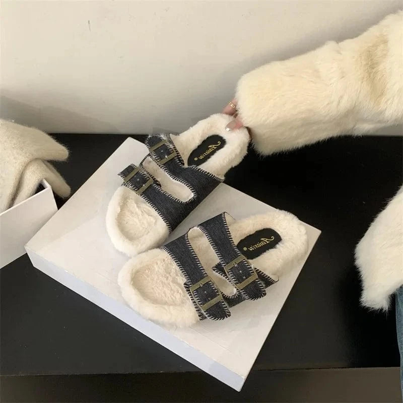 40 / Black Woman Plush Slippers 2024 Casual Flats Furry Slides Winter Comfort Warm Bedroom Shoes Ladies Luxury Designer Home Cotton Boots