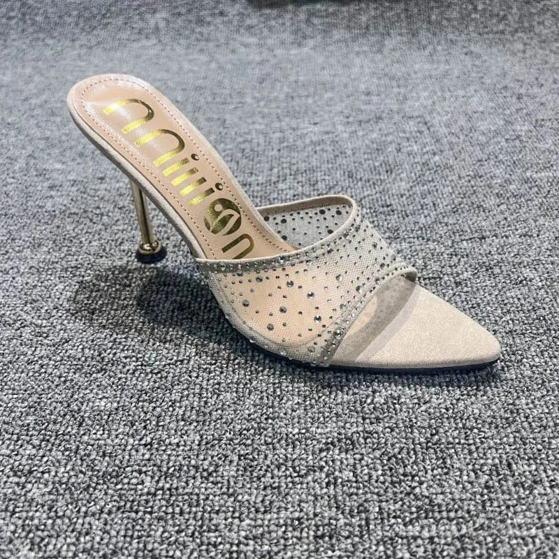 40 / Camel Dropshipping Custom Logo Mesh Rhinestone Sexy Stiletto Heeled Sandals Pointed Toe High Heels Slippers for Women