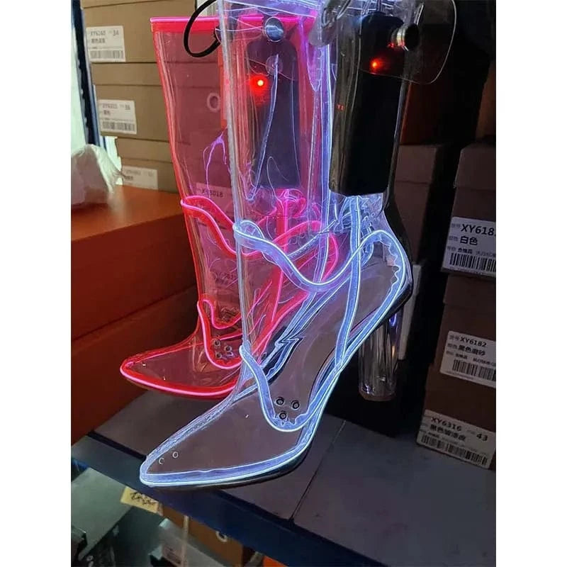 40 / cusomize UBILILIA Nightclub Flasher LED light fashion Shoes clear PVC midi booties Crystal block High Heels Transparent Boots For Ladies