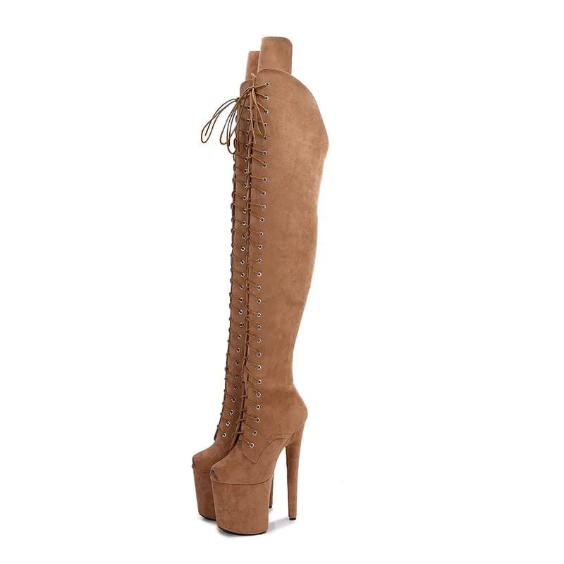 40 / D.Brown faux suede Thigh high fetish Exotic stripper pole heels platform dancer boots 20 cm 8" women high heel sexy over knee boots