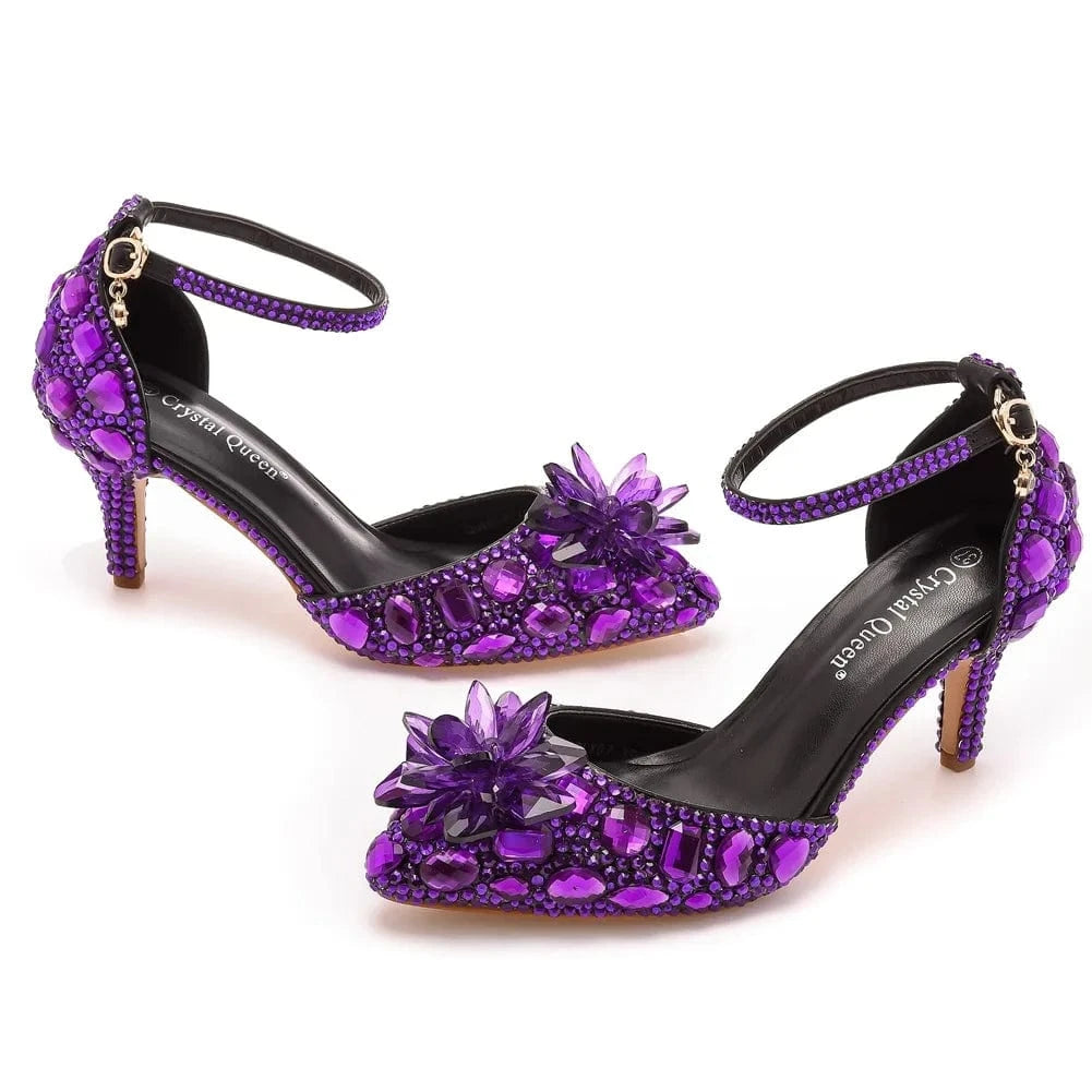 40 / Dark Purple Chaussures Femme Luxury Crystal Buckle Pointed-toe Roman Shoes Slingback Hollow Out High Heel Sandals For Ladies Banquet Sandals