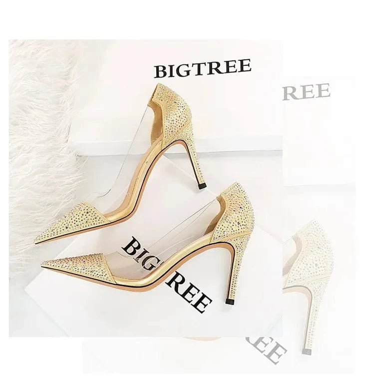 40 / Gold Transparent high heel women's stiletto pointed wedding shoes rhinestone glass glue shoes Sexy